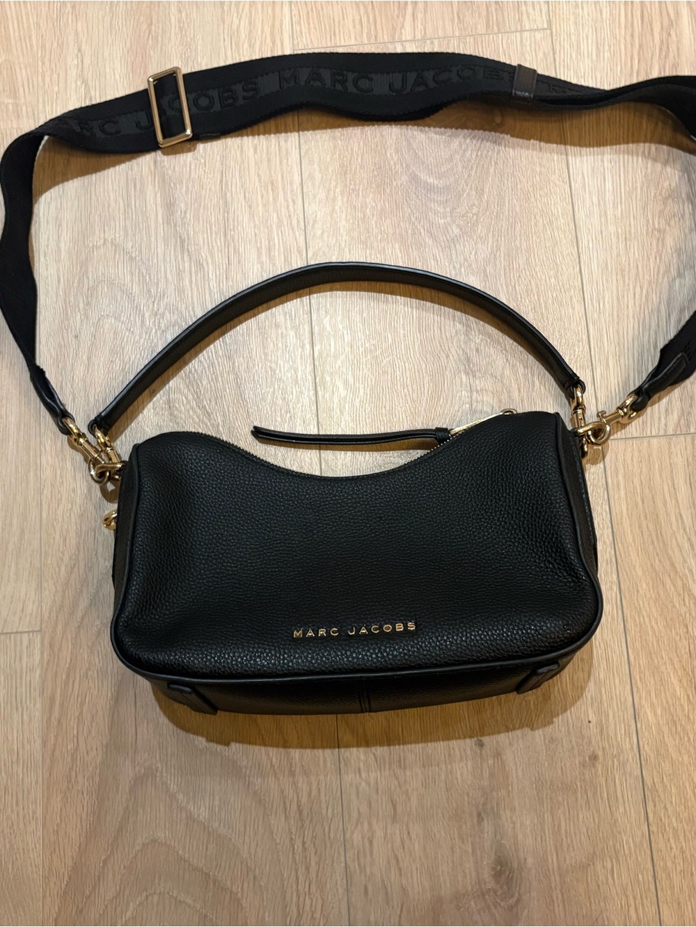 Marc Jacobs Black Pebbled Leather Top-Handle Shoulder Bag with Logo Strap